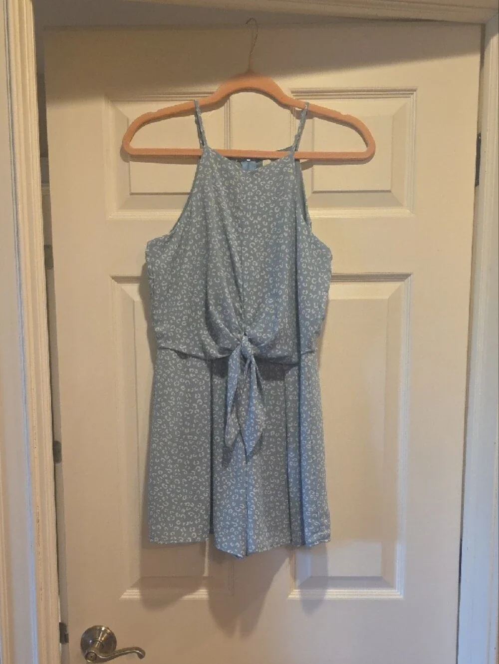 She + Sky Light Blue Leopard-Print Tie-Front Jumpsuit